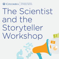 SHARP The Scientist and the Storyteller Workshop graphic with a microscope and DNA sequence going into a megaphone and coming out as videos, graphs and presentations